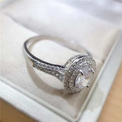 925 Sterling Silver Oval Cut Created CZ Double Halo Ring 4