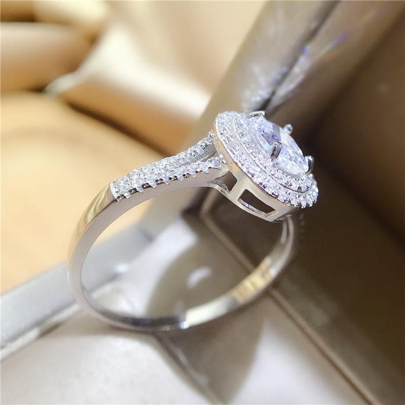 925 Sterling Silver Oval Cut Created CZ Double Halo Ring 6