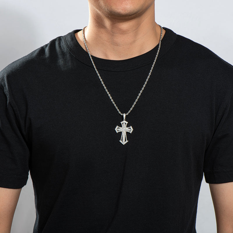 925 Sterling Silver Created Diamond Personalized Cross Luxury Hip Hop Pendant Necklace 16