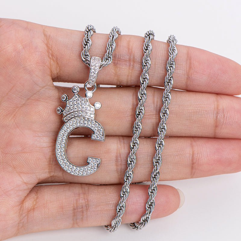 925 Sterling Silver Round Cut Created Diamond Hip Hop Micro Pave The Letter C Pendant Necklace 19