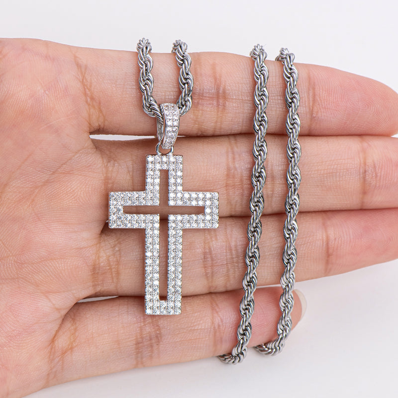 925 Sterling Silver Created Diamond Personalized Cross Hollow Pendant Necklace 20