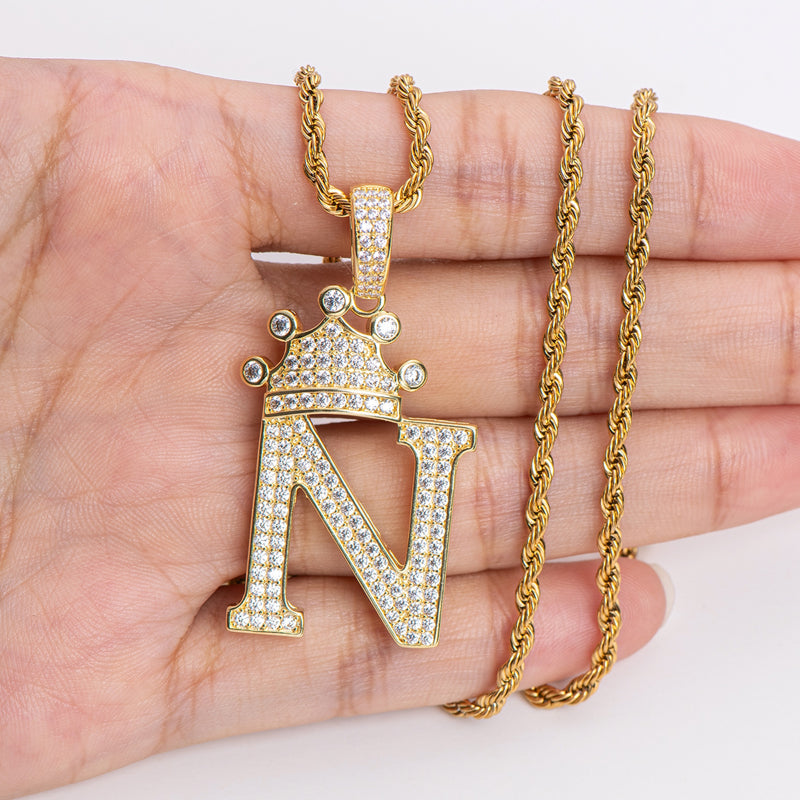 925 Sterling Silver The Letter N Created CZ Crown Hip Hop Rope Chain Pendant Necklace 20