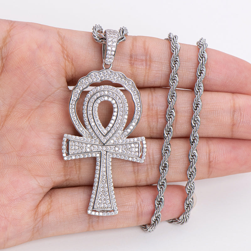 925 Sterling Silver Created CZ Cross Hip Hop Luxury Multilayer Pendant Necklace 20