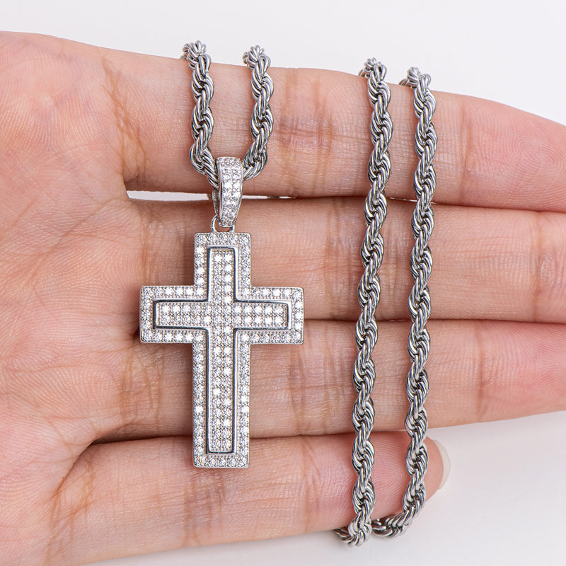 925 Sterling Silver Personalized Multilayer Cross Long Chain Cool Pendant Necklace 20