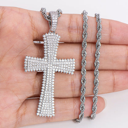 925 Sterling Silver Created Diamond Cross Hip Hop Rope Chain Luxury Pendant Necklace 20