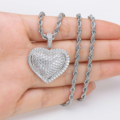 925 Sterling Silver Created Diamond Heart Shaped Hip Hop Pendant Necklace 20