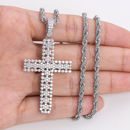 925 Sterling Silver Round Cut Created Diamond Personalized Cross Hip Hop Pendant Necklace 23.62'' 20