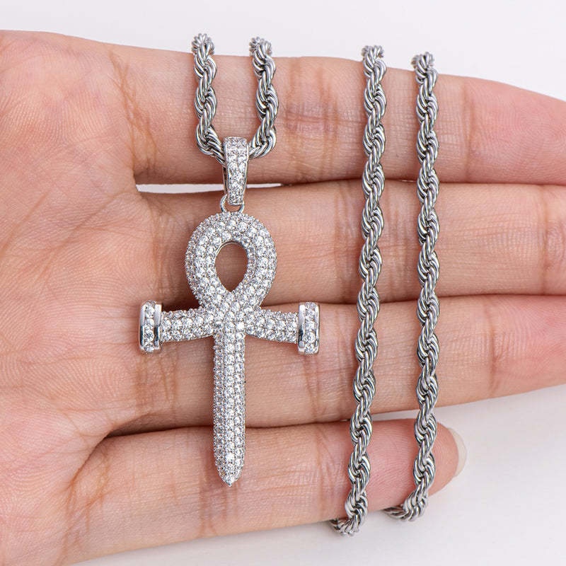 925 Sterling Silver Created Diamond Cross Hip Hop Rope Chain Pendant Necklace 20