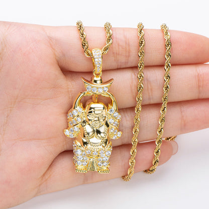 925 Sterling Silver Created Diamond Religion Buddha Statue Rope Chain Pendant Necklace 19