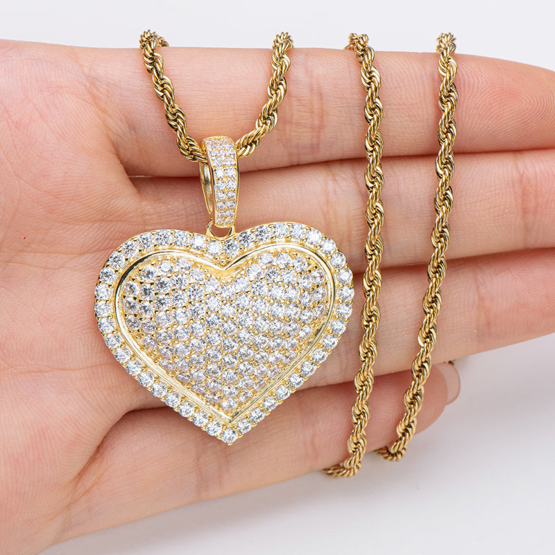 925 Sterling Silver Created CZ Heart Shaped Long Chain Hip Hop Pendant Necklace 20