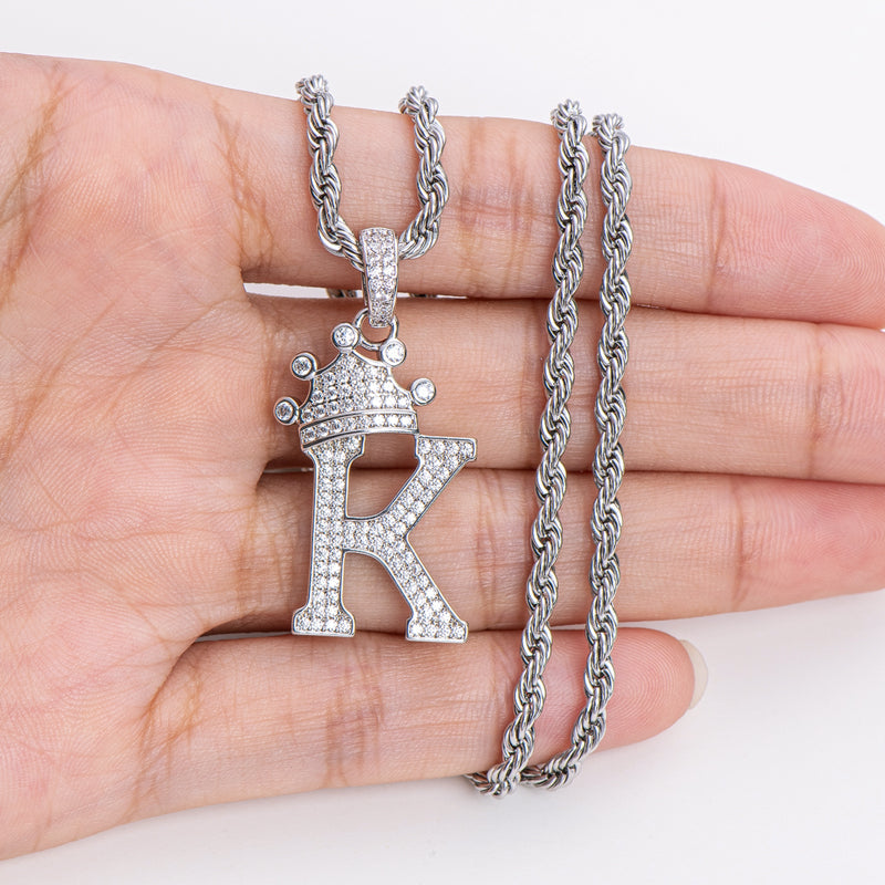 925 Sterling Silver Created Diamond Hip Hop Micro Pave The Letter K Pendant Necklace 20