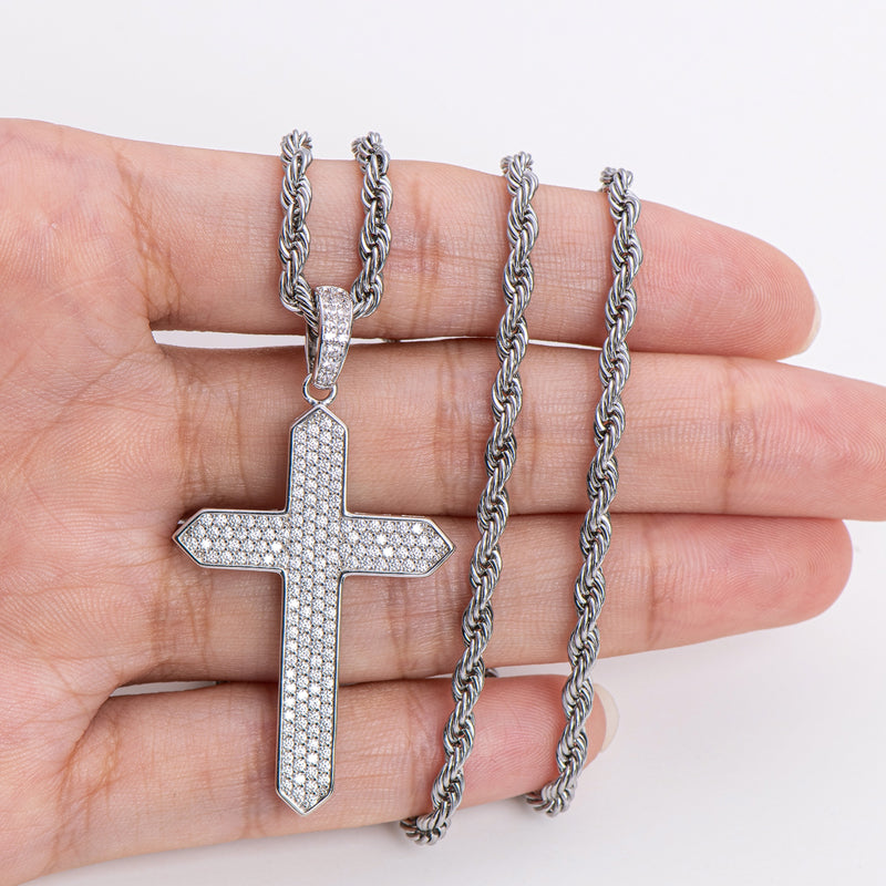 925 Sterling Silver Created CZ Cross Hip Hop Long Chain Pendant Necklace 21