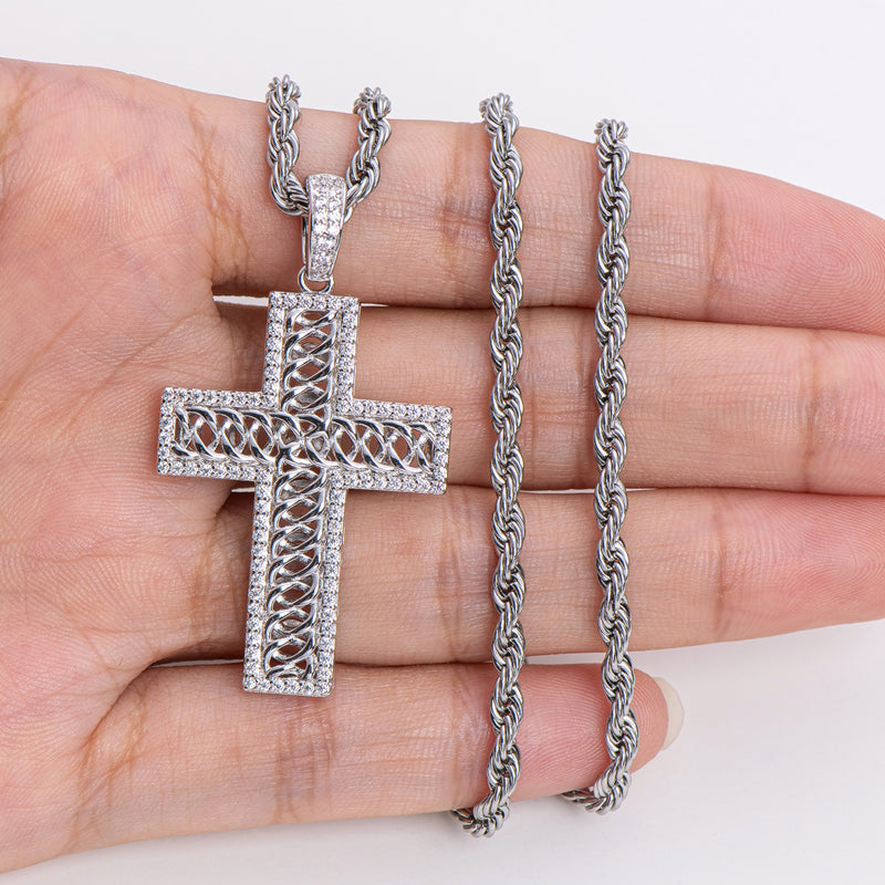 925 Sterling Silver Created Diamond Cross Hip Hop Long Chain Luxury Pendant Necklace 20