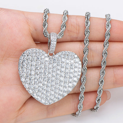 925 Sterling Silver Created Heart Shaped Rope Chain Hip Hop Pendant Necklace 20