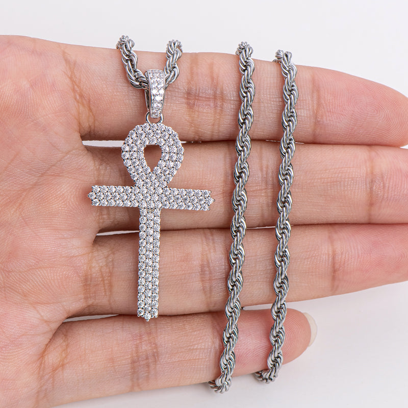 925 Sterling Silver Created Diamond Cross  Hip Hop Men Pendant Necklace 20