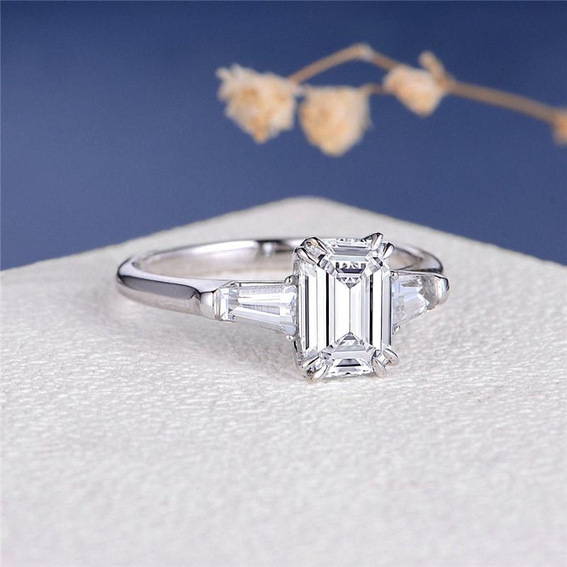 925 Sterling Silver Emerald Cut D Color CZ Three Stone Ring 2