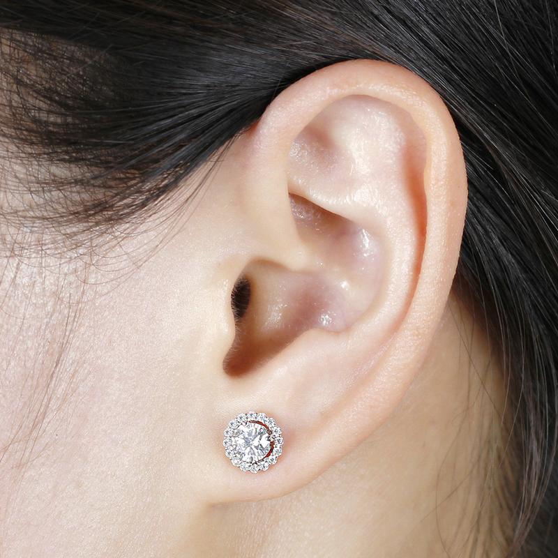 925 Sterling Silver Round Cut Cubic Zirconia Halo Stud Earrings With Adjustable 5