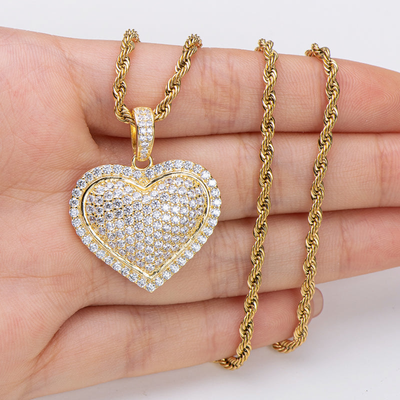 925 Sterling Silver Created Diamond Heart Shaped Hip Hop Pendant Necklace 21