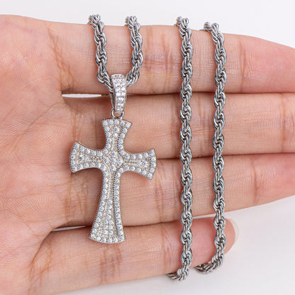 925 Sterling Silver Created CZ Cross Hip Hop Long Rope Chain Pendant Necklace 21