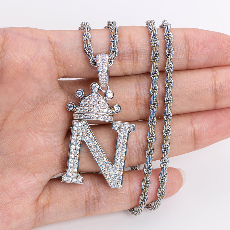 925 Sterling Silver The Letter N Created CZ Crown Hip Hop Rope Chain Pendant Necklace 21