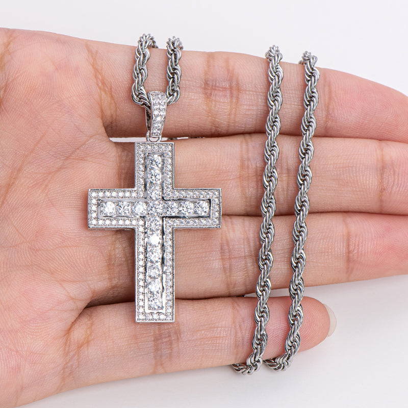 925 Sterling Silver Round Cut Created Diamond Hip Hop Charm Cross Pendant Necklace 21