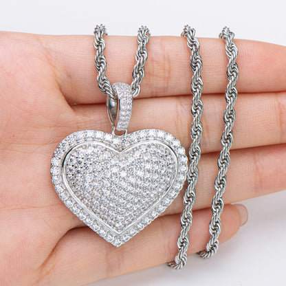 925 Sterling Silver Created CZ Heart Shaped Long Chain Hip Hop Pendant Necklace 21