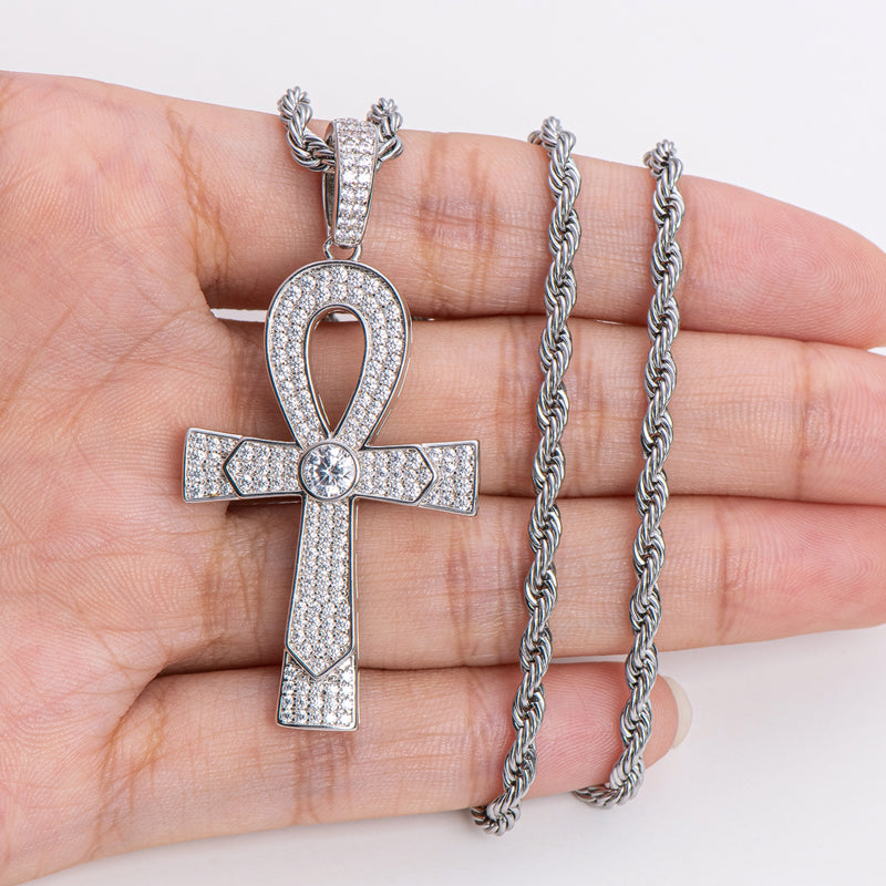 925 Sterling Silver Round Cut Created Diamond Cross Hip Hop Luxury Pendant Necklace 20