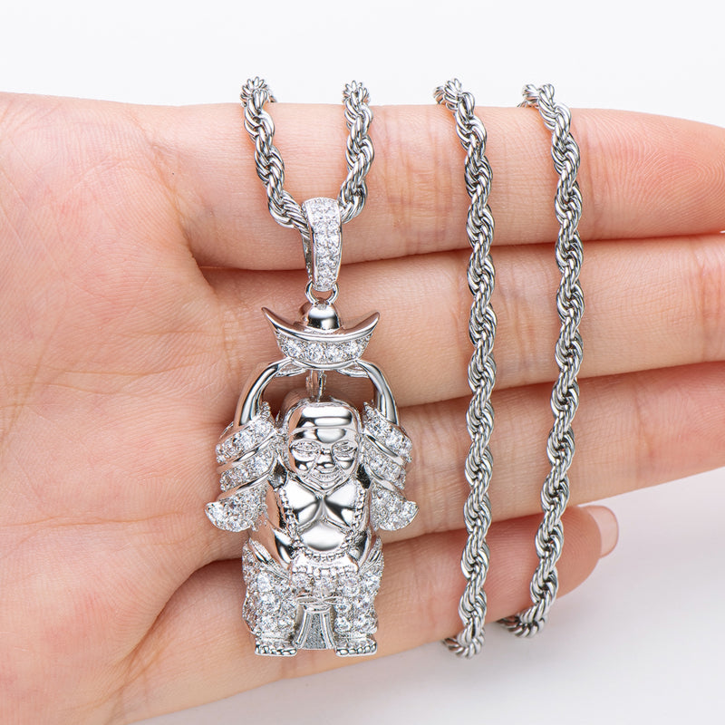 925 Sterling Silver Created Diamond Religion Buddha Statue Rope Chain Pendant Necklace 20