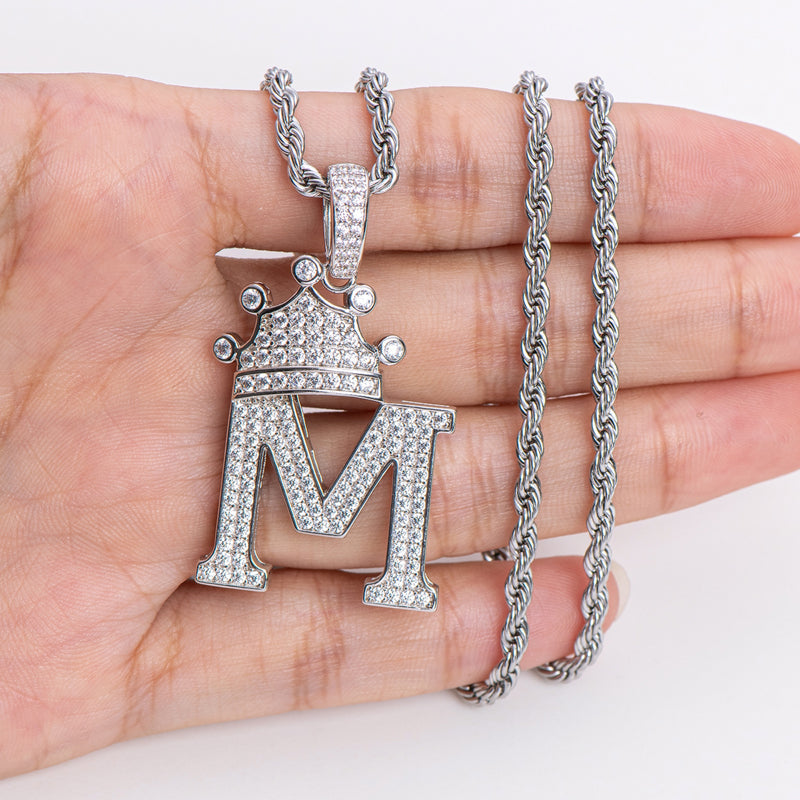 925 Sterling Silver The Letter M Created CZ Hip Hop Rope Chain Pendant Necklace 21