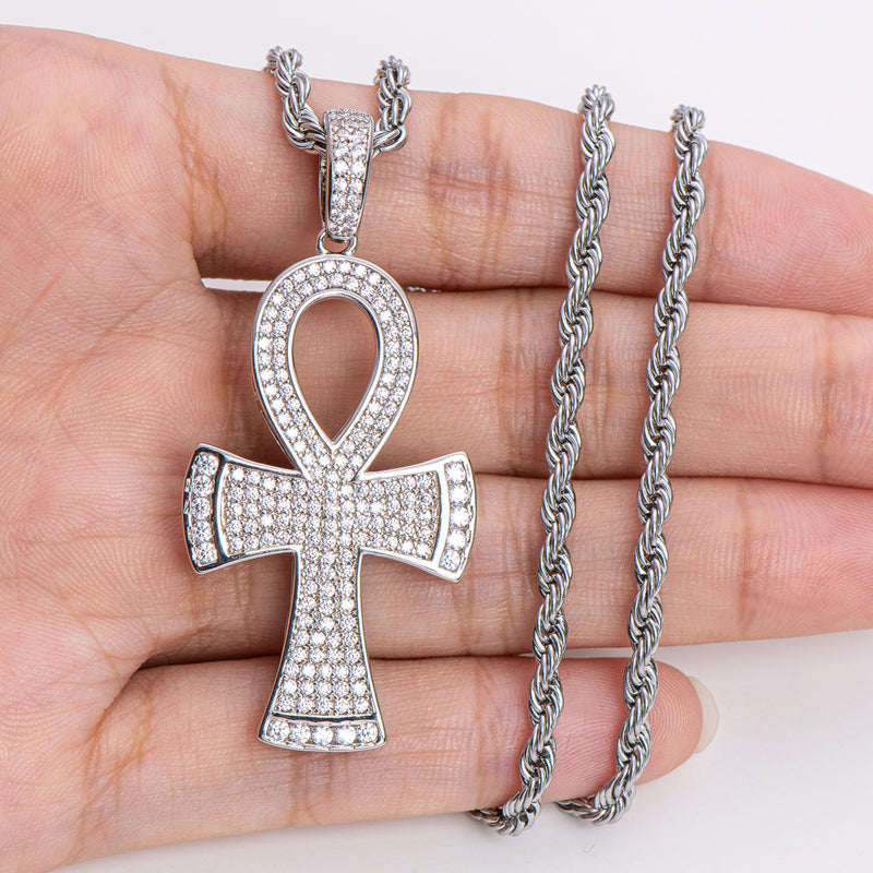 925 Sterling Silver Round Cut Created Diamond Cross Hip Hop Luxury Pendant Necklace 21