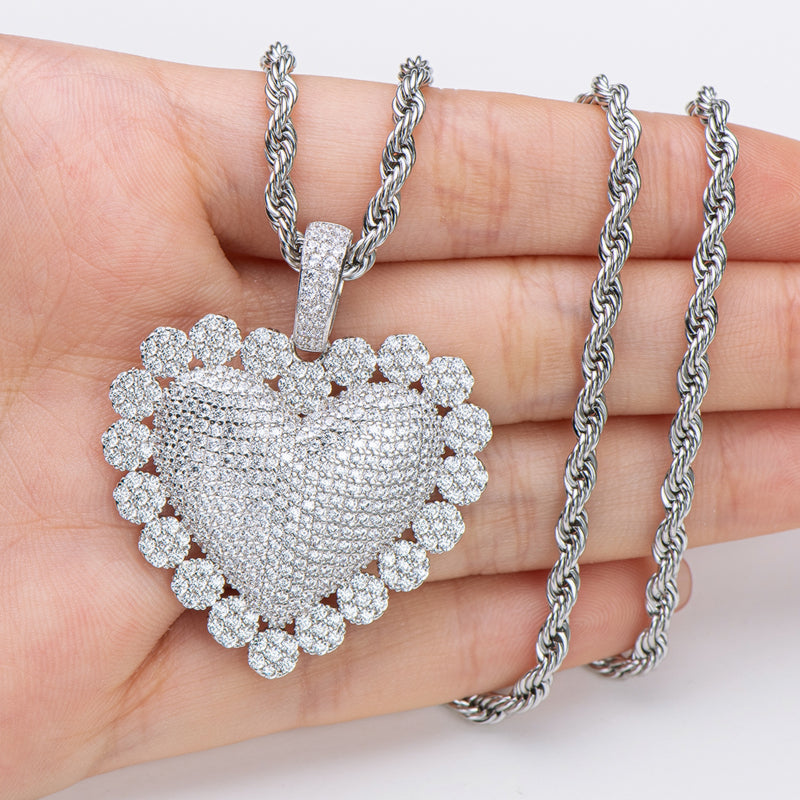 925 Sterling Silver Heart Shaped Luxury Hip Hop Created Diamond Pendant Necklace 21