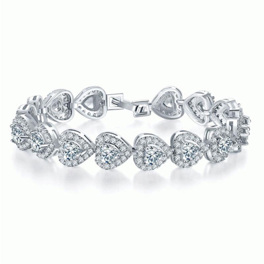 925 Sterling Silver Halo Heart Created White Diamond Bracelet 1