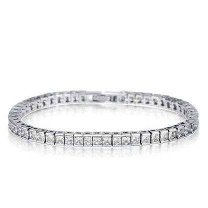 925 Sterling Silver Classic Princess Created White Diamond Tennis Bracelet 1