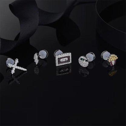 925 Sterling Sliver Cute Ice cream Cross Lightning Bar CZ Stud Earring Set 7