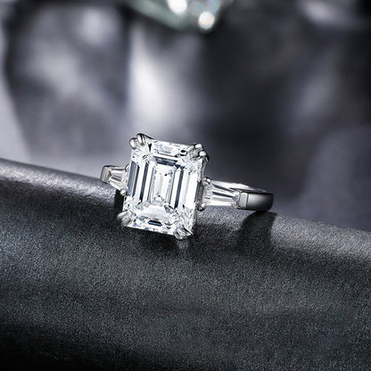 925 Sterling Silver Three Stone Emerald Cut CZ Ring 10