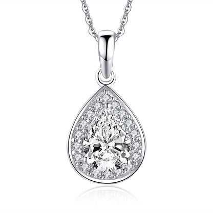 925 Sterling Silver Halo Pear Created White Diamond Pendant Necklace 1