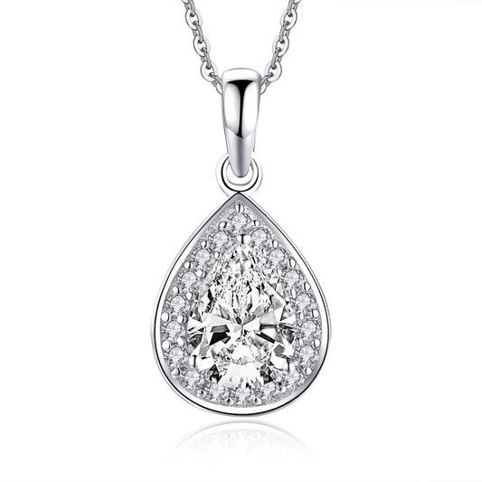 925 Sterling Silver Halo Pear Created White Diamond Pendant Necklace 1