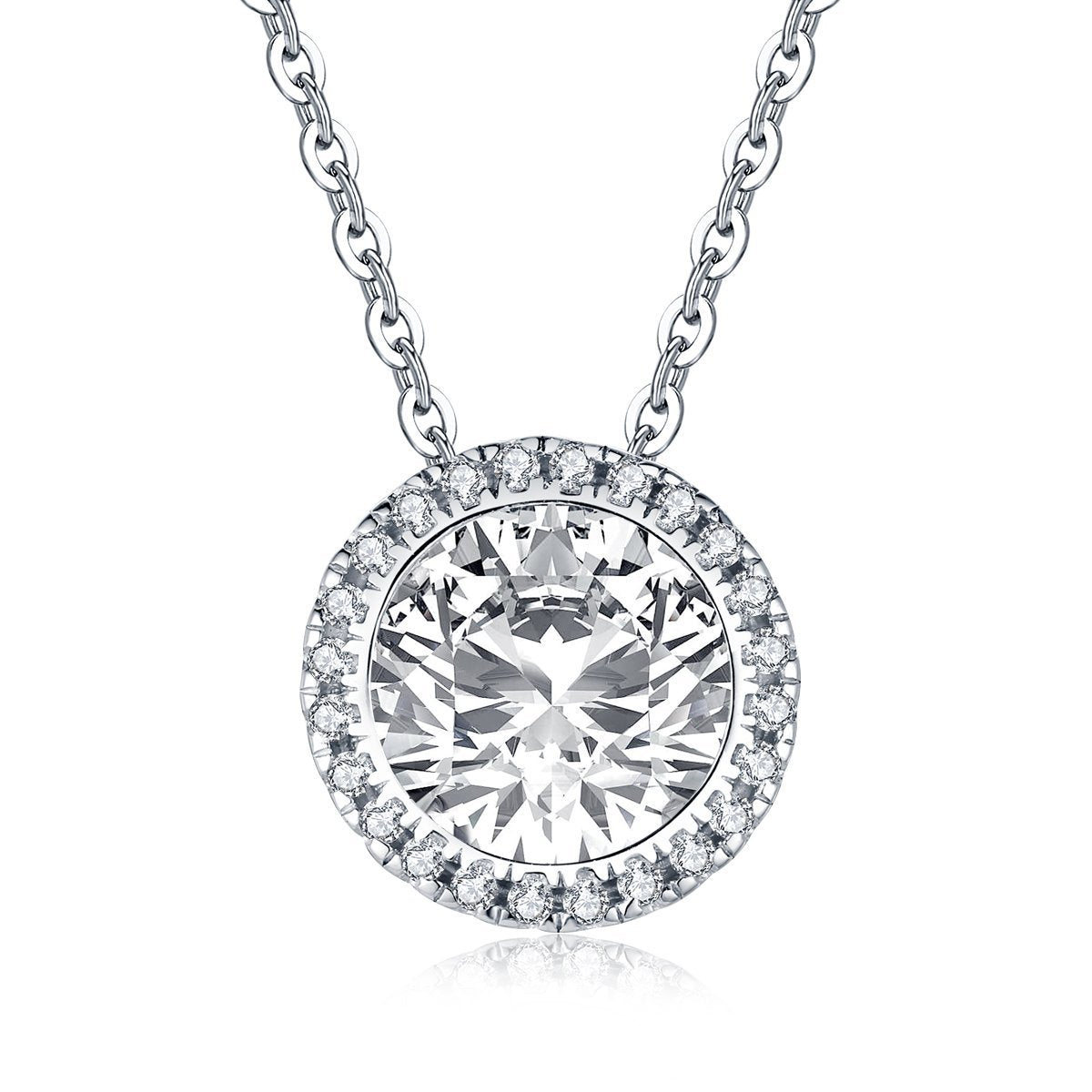 925 Sterling Silver Halo Round Created White Diamond Pendant Necklace 1