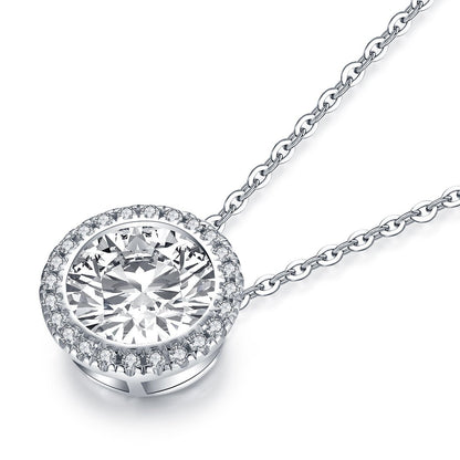 925 Sterling Silver Halo Round Created White Diamond Pendant Necklace 2