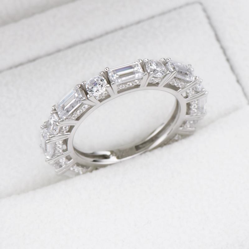 925 Sterling Silver Round & Emerald Cut CZ Full Eternity Ring 6