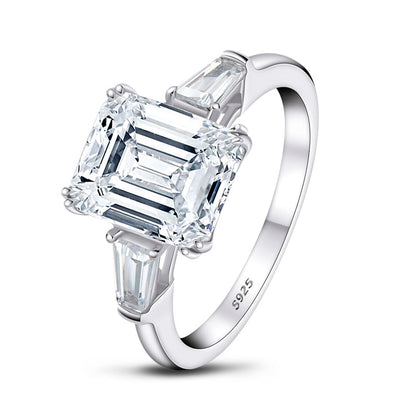 925 Sterling Silver Three Stone Emerald Cut CZ Ring 1