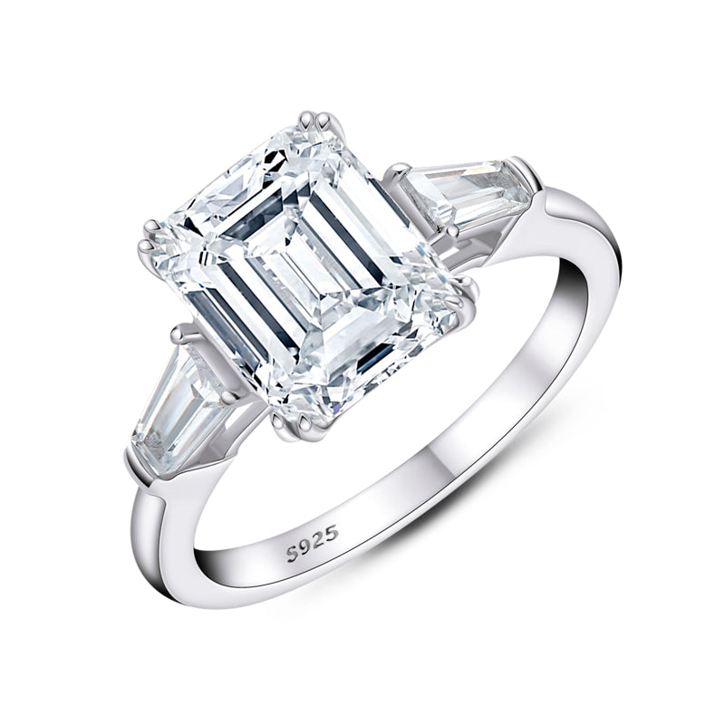 925 Sterling Silver Three Stone Emerald Cut CZ Ring 3