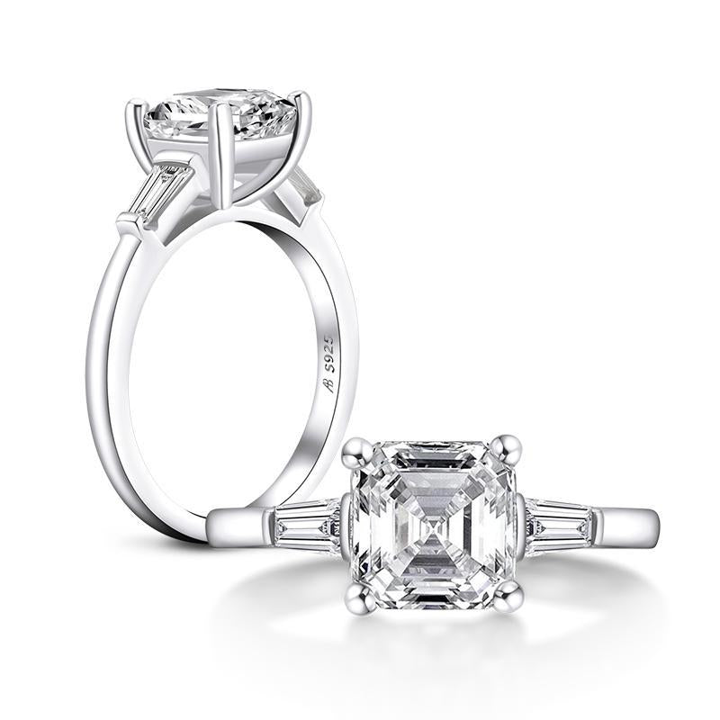 925 Sterling Silver Asscher Cut White Created Diamond Three Stone Ring 3