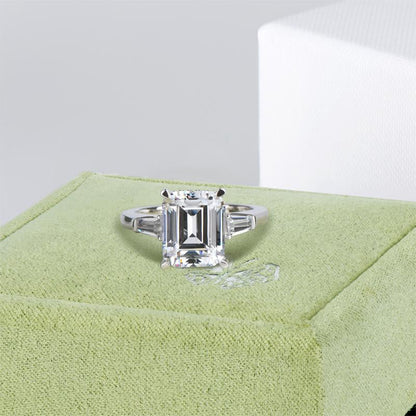 925 Sterling Silver Emerald Cut CZ Three Stone Ring 6