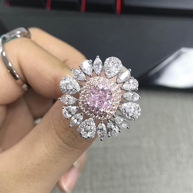 925 Sterling Silver Two-Tone 1.0ct Radiant Cut Pink Created Diamond Luxury Flower Ring 1