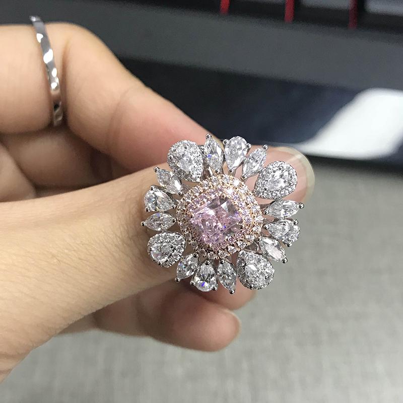 925 Sterling Silver Two-Tone 1.0ct Radiant Cut Pink Created Diamond Luxury Flower Ring 3