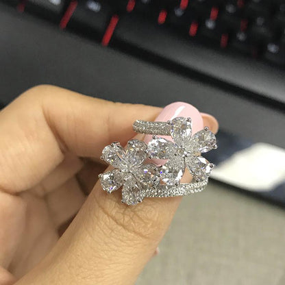 925 Sterling Silver Pear Shaped CZ Twist Shank Flower Ring 4