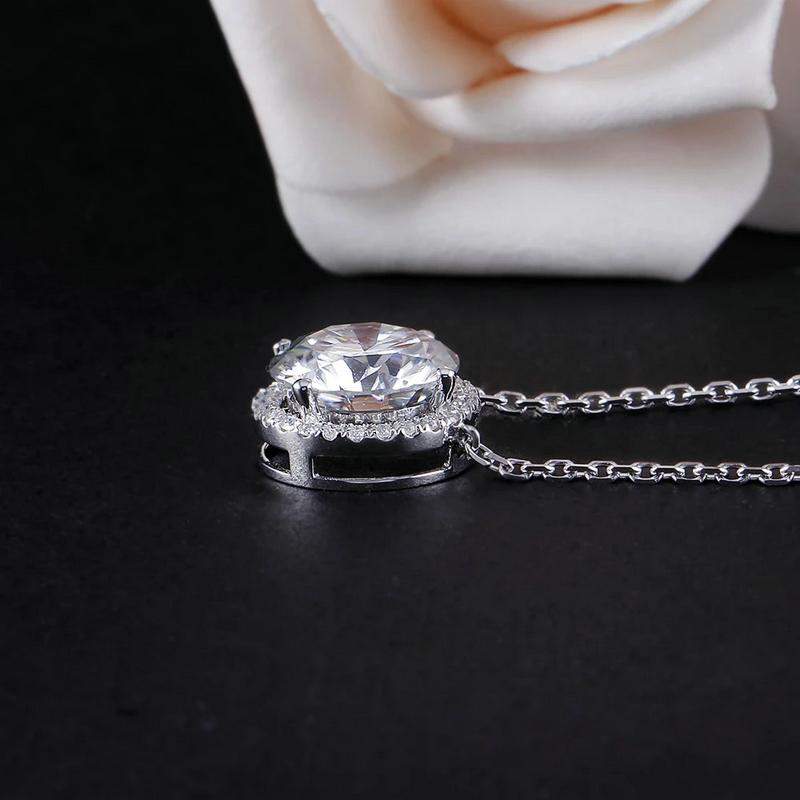 925 Sterling Silver Round Cut CZ  Diamond Halo Necklace 5