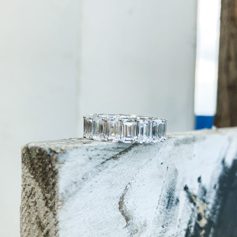 925 Sterling Silver Emerald Cut CZ Full Eternity Ring 31