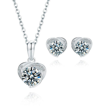 925 Sterling Silver Brilliant Round Cut CZ Diamond Heart-shaped Shank Stud Earrings Necklace Sets 1